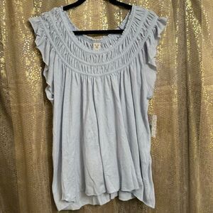 Free People Coconut Gathered Light Blue Cloud Ruffle Top Large NWT